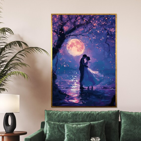 Moonlit Lovers Embracing Under Full Moon Purple Night Dream Poster