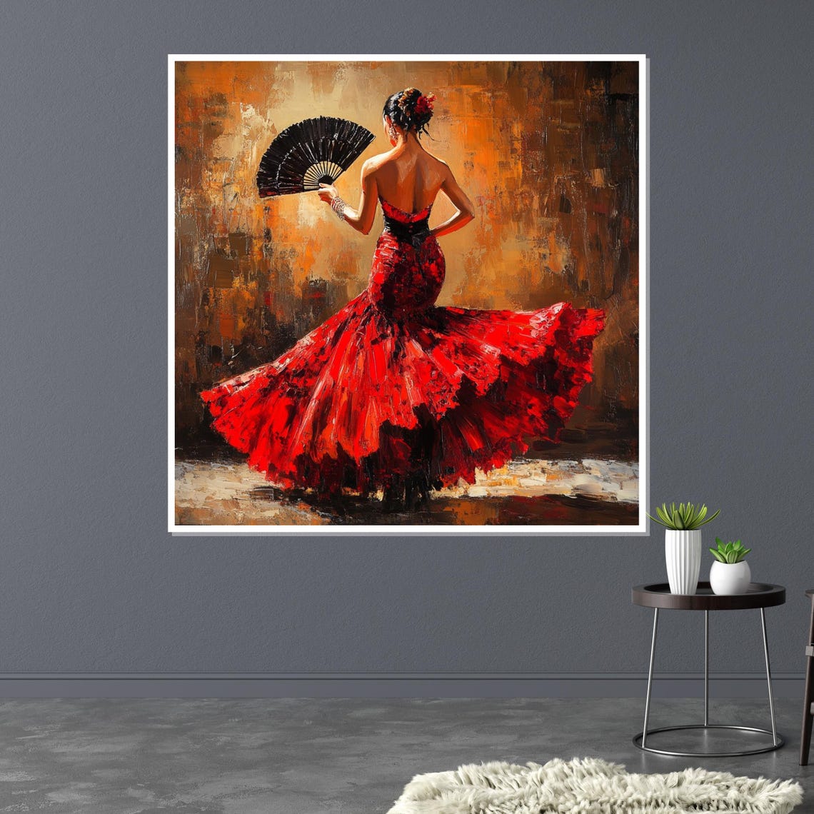 Flamenco Dancer from Behind with Black Fan Red Dress Art Poster - Image 3