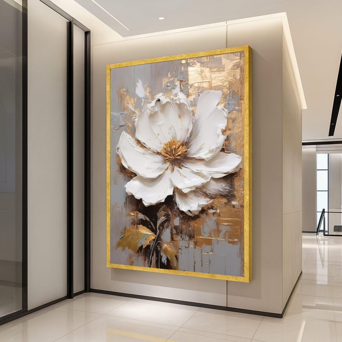 Elegant White Flower Gold Leaf Abstract Textured Floral Art Poster