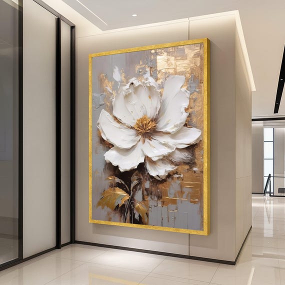 Elegant White Flower Canvas Art Gold Leaf Abstract Floral Wall Decor Modern Botanical Painting Luxury Home Decoration Ready To Hang