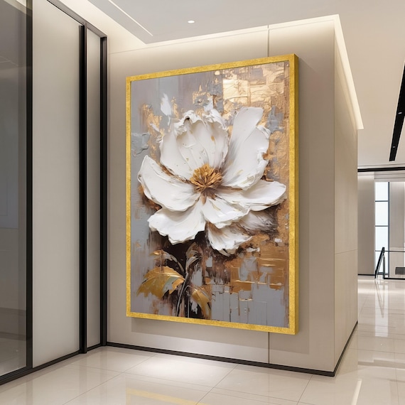 Elegant White Flower Gold Leaf Abstract Textured Floral Art Poster