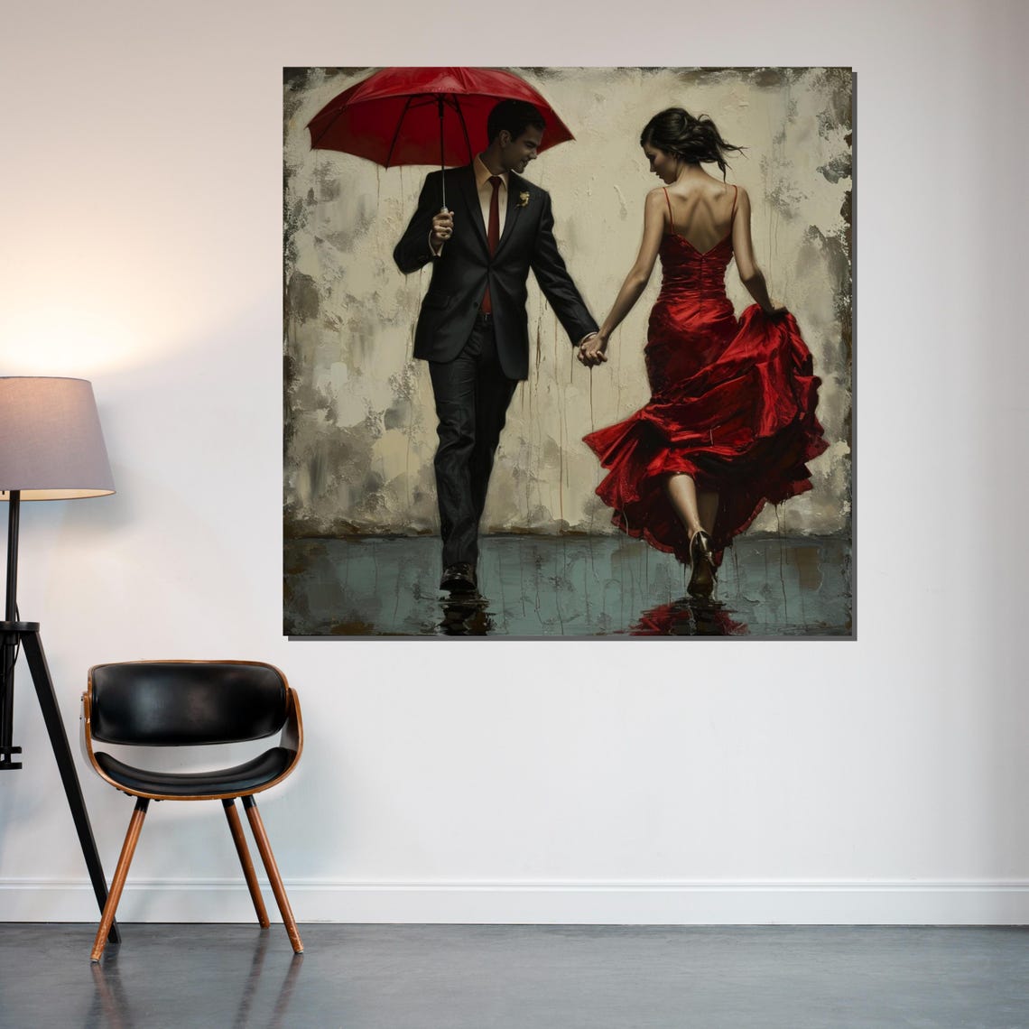 Couple Walking in Rain Under Red Umbrella Romantic Art Poster - Image 2