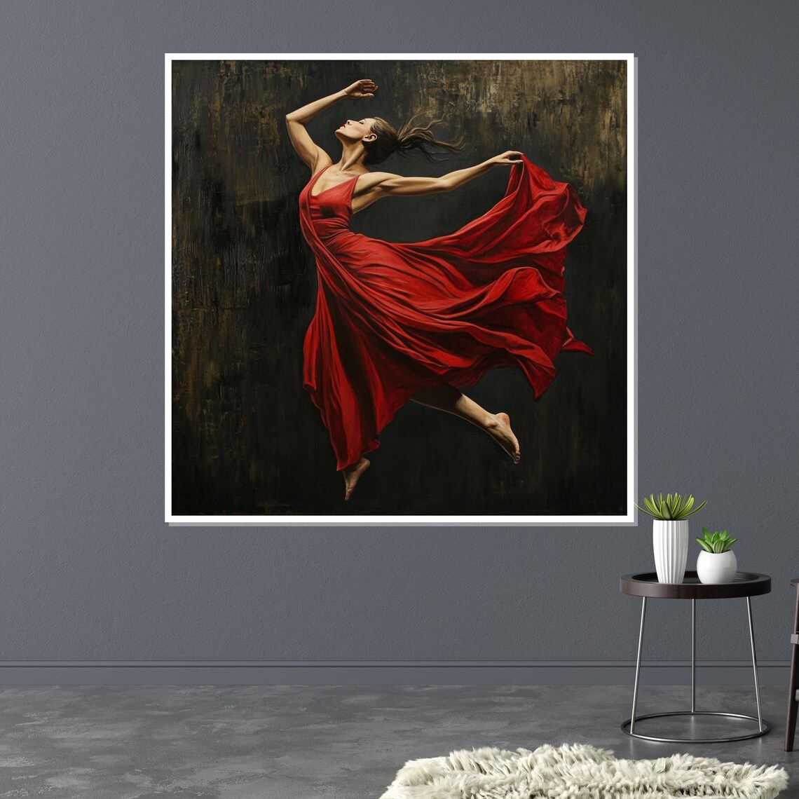 Woman Flowing Red Dress Twirling Dark Stage Motion Art Poster - Image 3