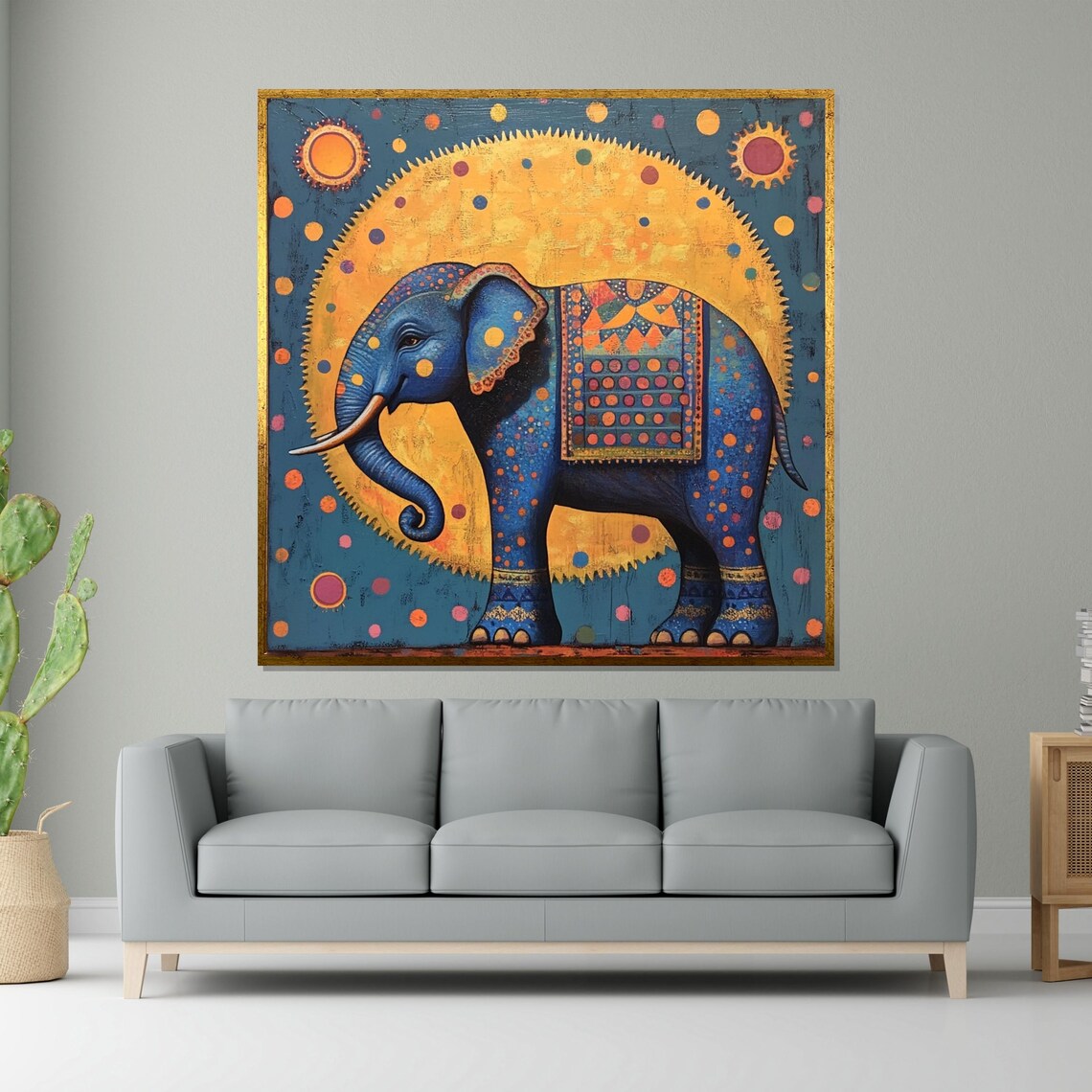 Blue Decorative Elephant Gold Sun Folk Art Vibrant Animal Poster