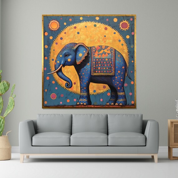 Blue Decorative Elephant Gold Sun Folk Art Vibrant Animal Poster