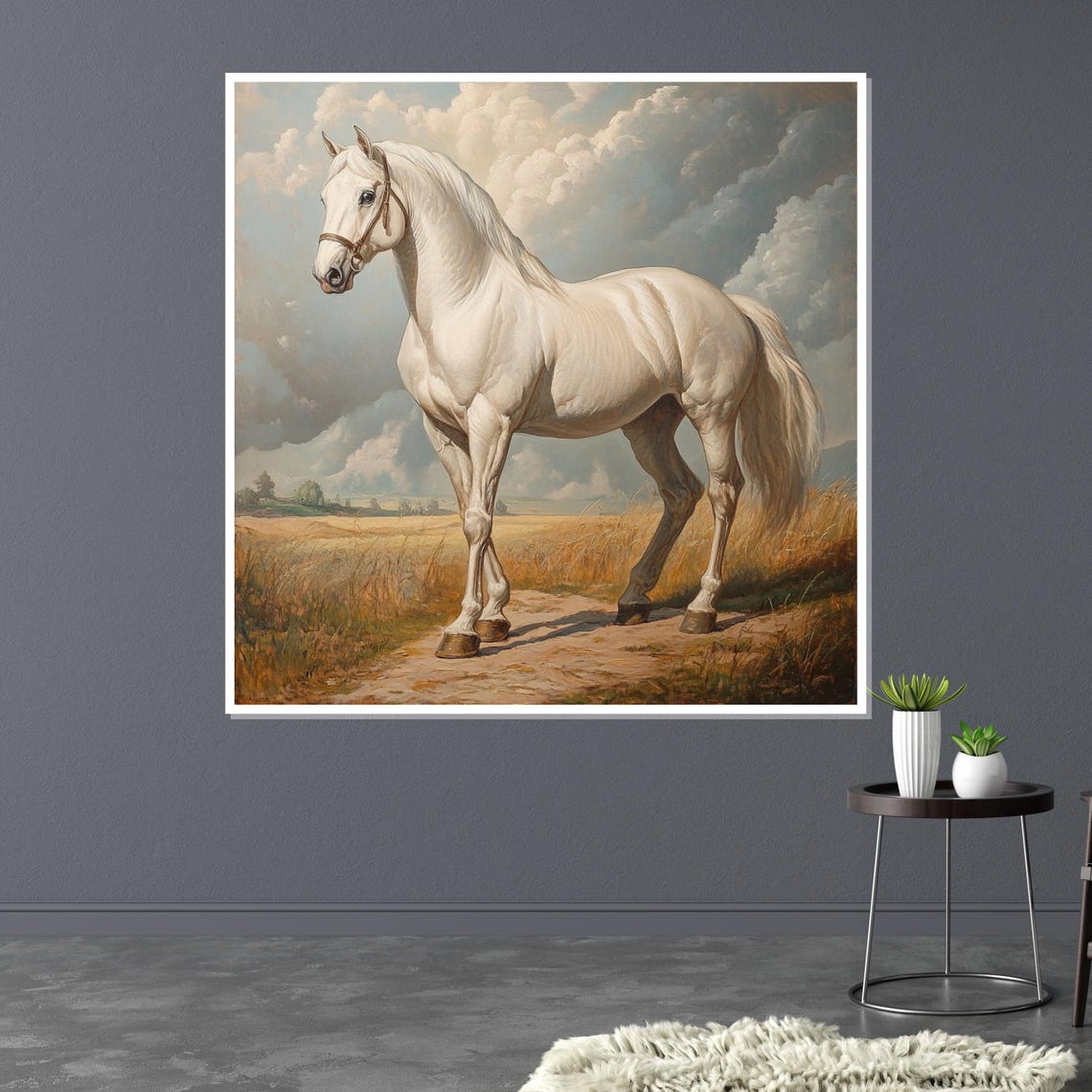 White Stallion On A Country Path Under Cloudy Sky Equine Art Poster - Image 3