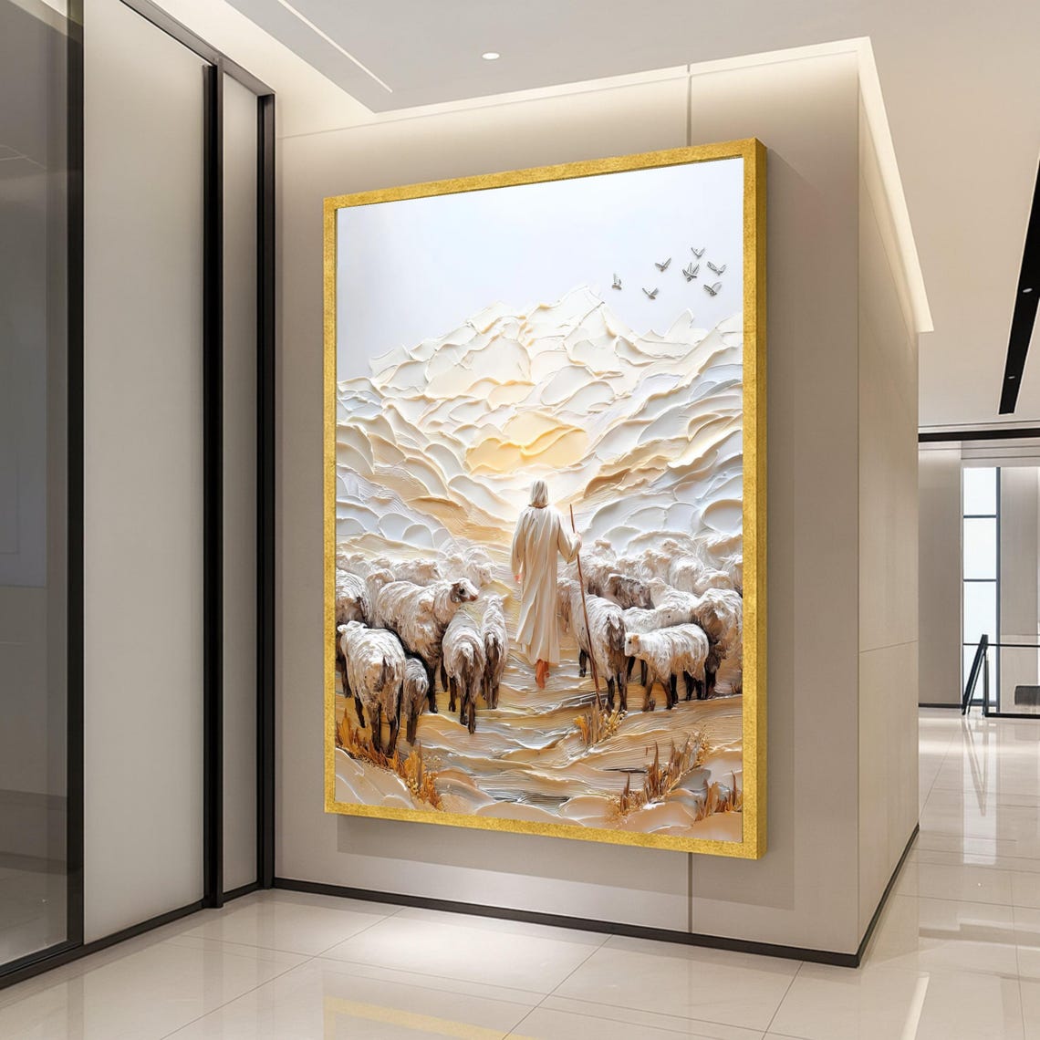 Jesus Shepherd Leading Flock Sheep Textured Faith Art Poster