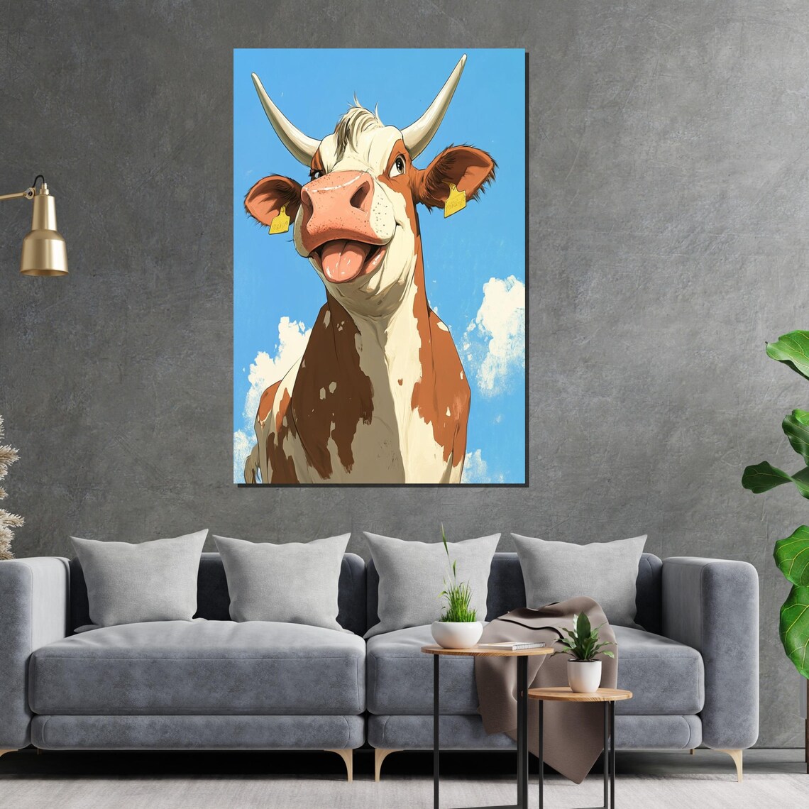 Smiling Cartoon Cow Bright Blue Sky Funny Farm Animal Art Poster - Image 2