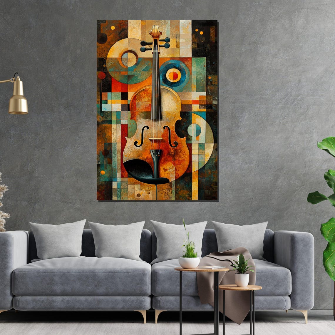 Cubist Violin Abstract Geometric Warm Tones Music Art Poster - Image 2