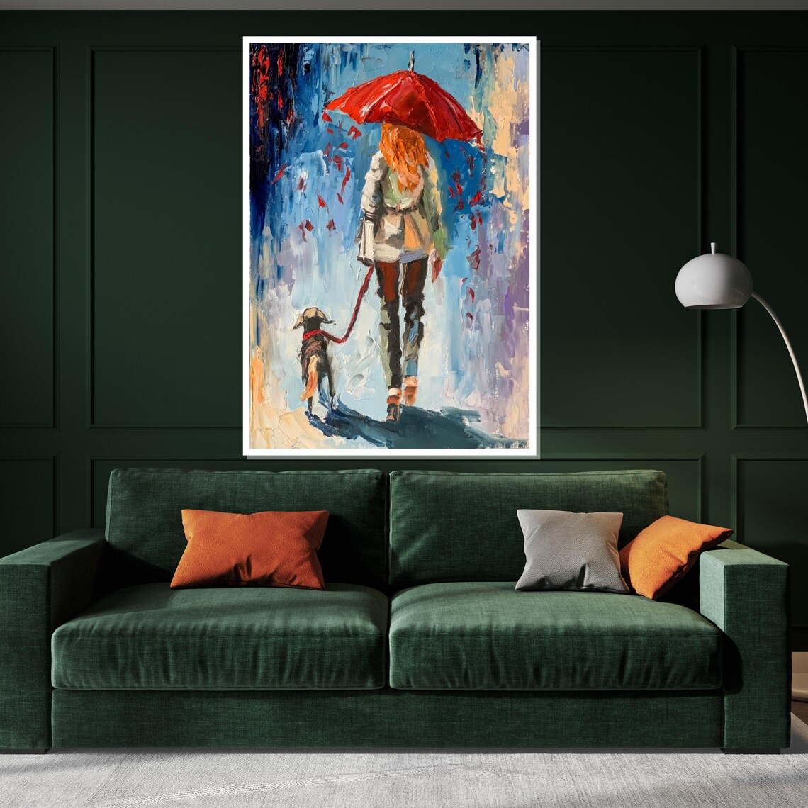 Woman With Red Umbrella Walking Dog In Rain Painterly Pet Art Poster - Image 2