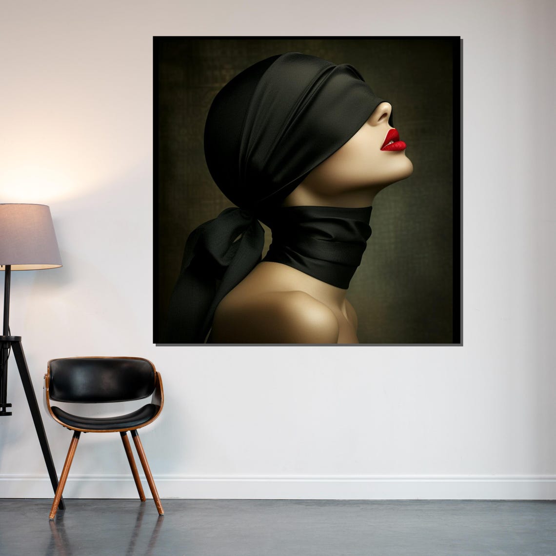 Blindfolded Beauty With Red Lips Dramatic Silk Blindfold Art Poster