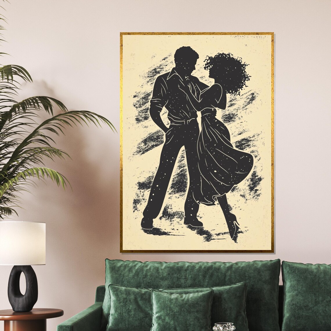 Dancing Couple Silhouette in Black on Cream Vintage Art Poster