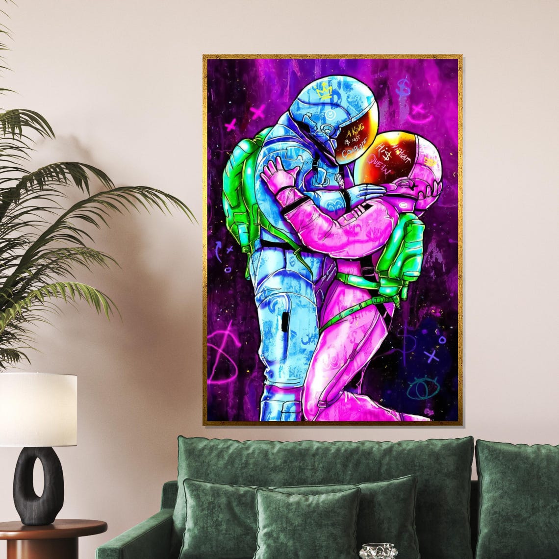 Neon Astronaut Couple Embrace Cosmic Love Graffiti Style Poster