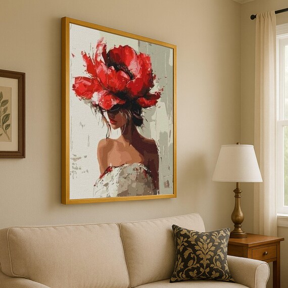 Woman Wearing Red Flower Headpiece Modern Fashion Portrait Print