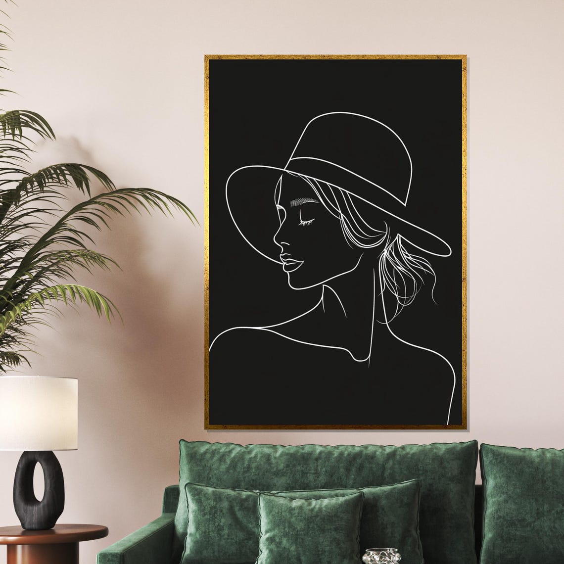 Minimalist Line Art Lady In Hat Black And White Elegant Design Poster