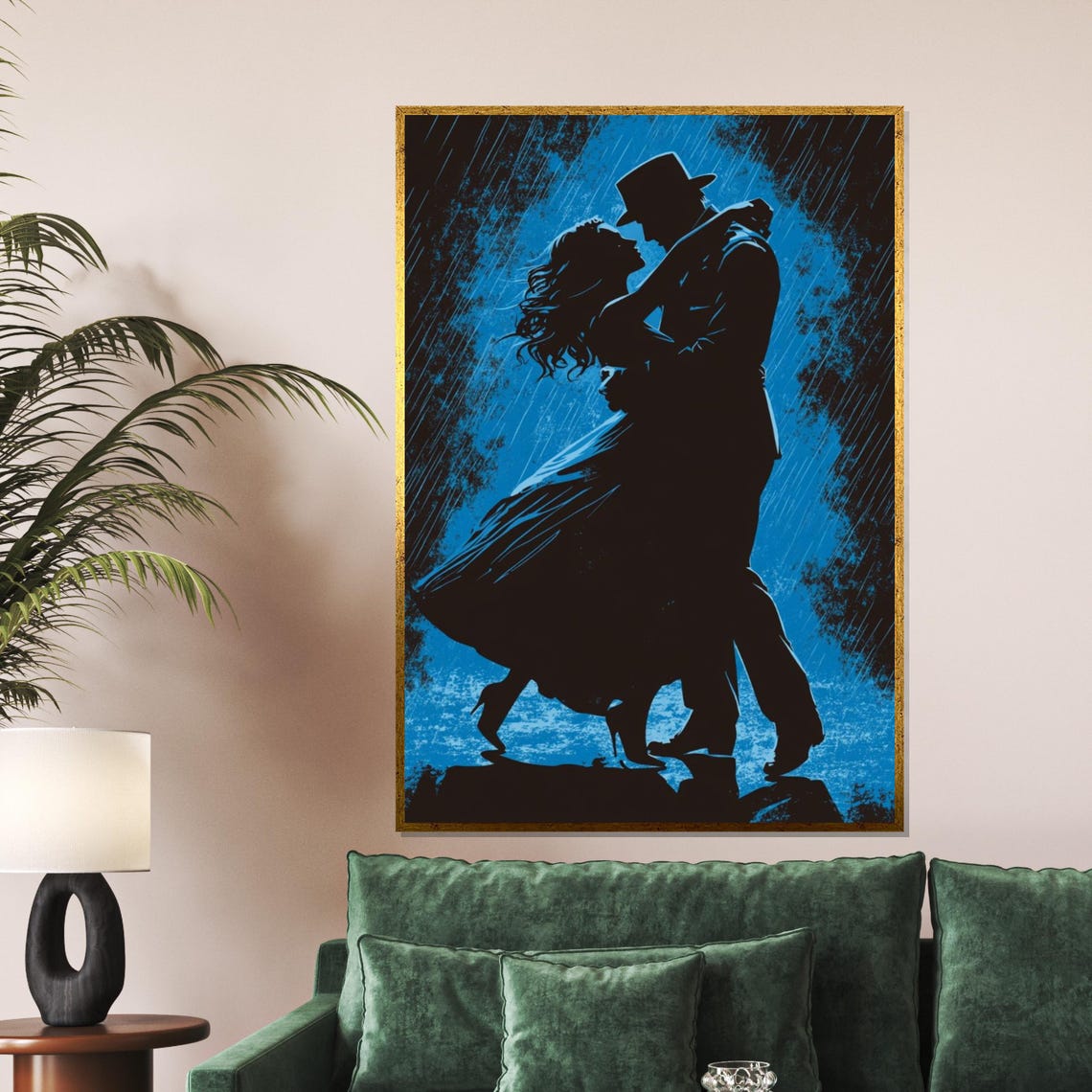 Dancing Couple In The Rain Blue Night Silhouette Romantic Dance Poster