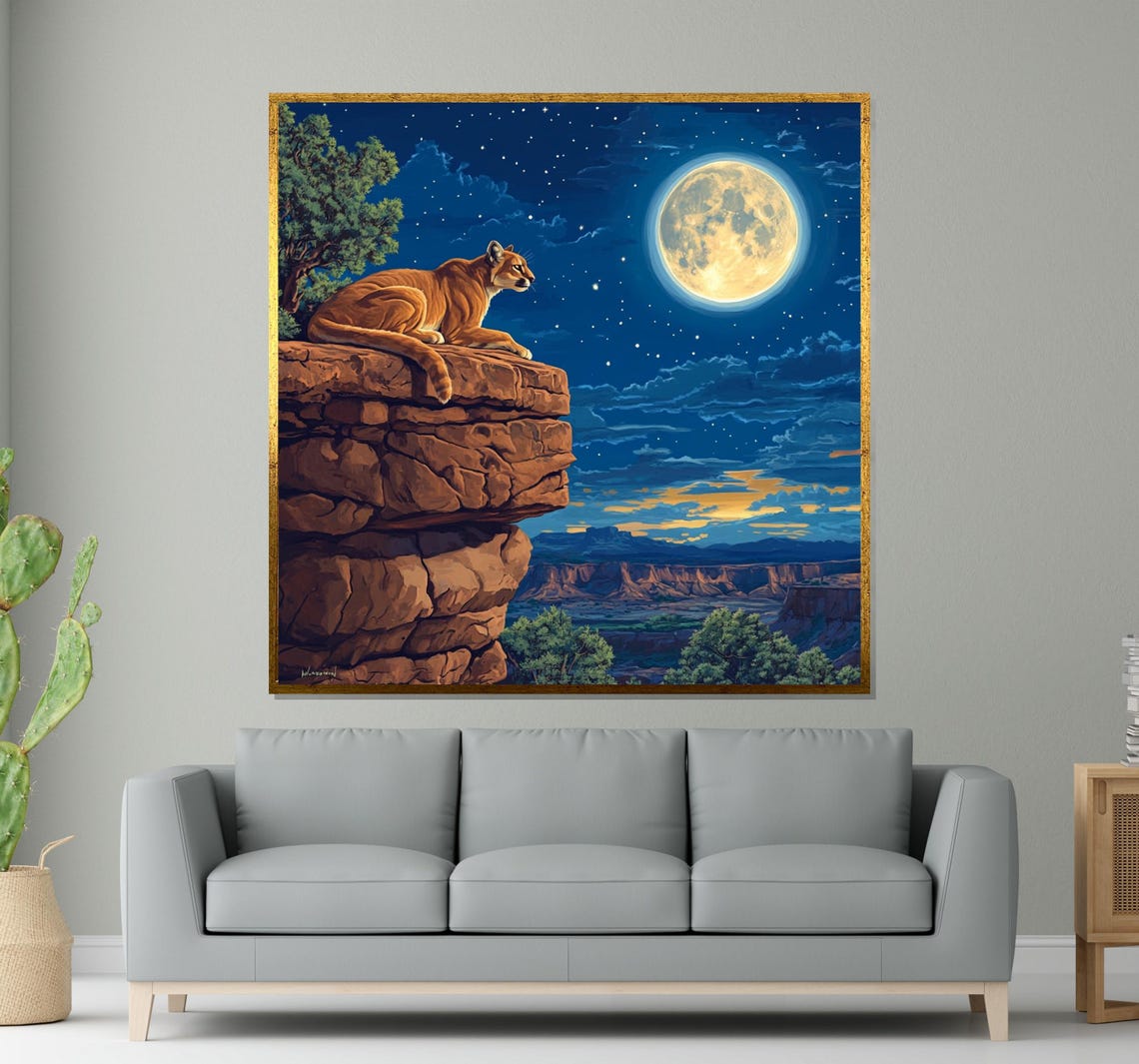Mountain Lion On Cliff Edge Under Full Moon Night Wildlife Art Poster