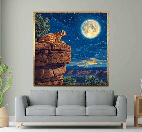 Mountain Lion On Cliff Edge Under Full Moon Night Wildlife Art Poster