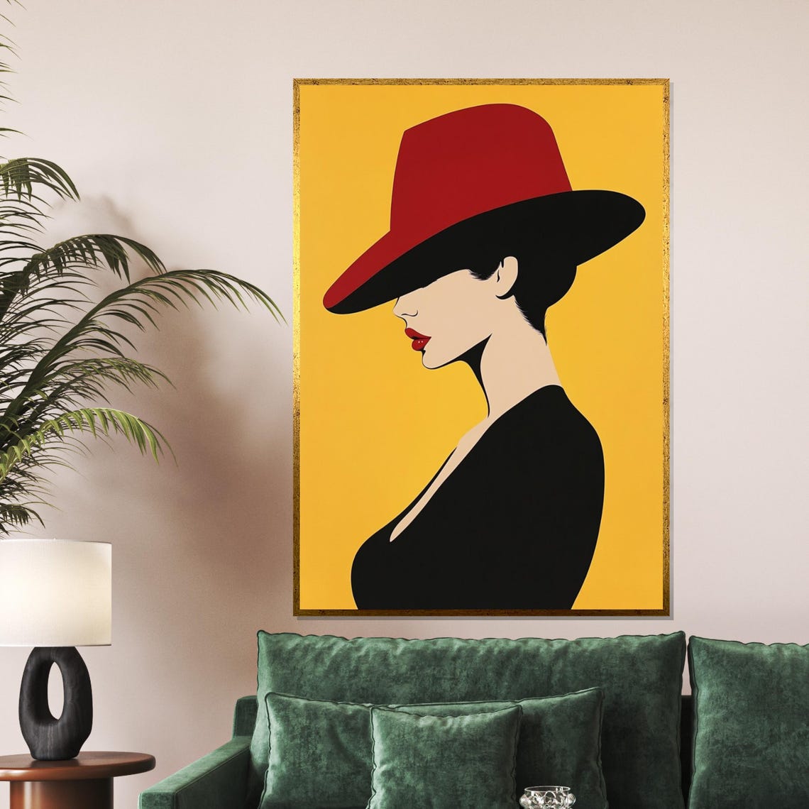 Minimalist Red Hat Lady Silhouette On Mustard Yellow Pop Art Poster - Image 5