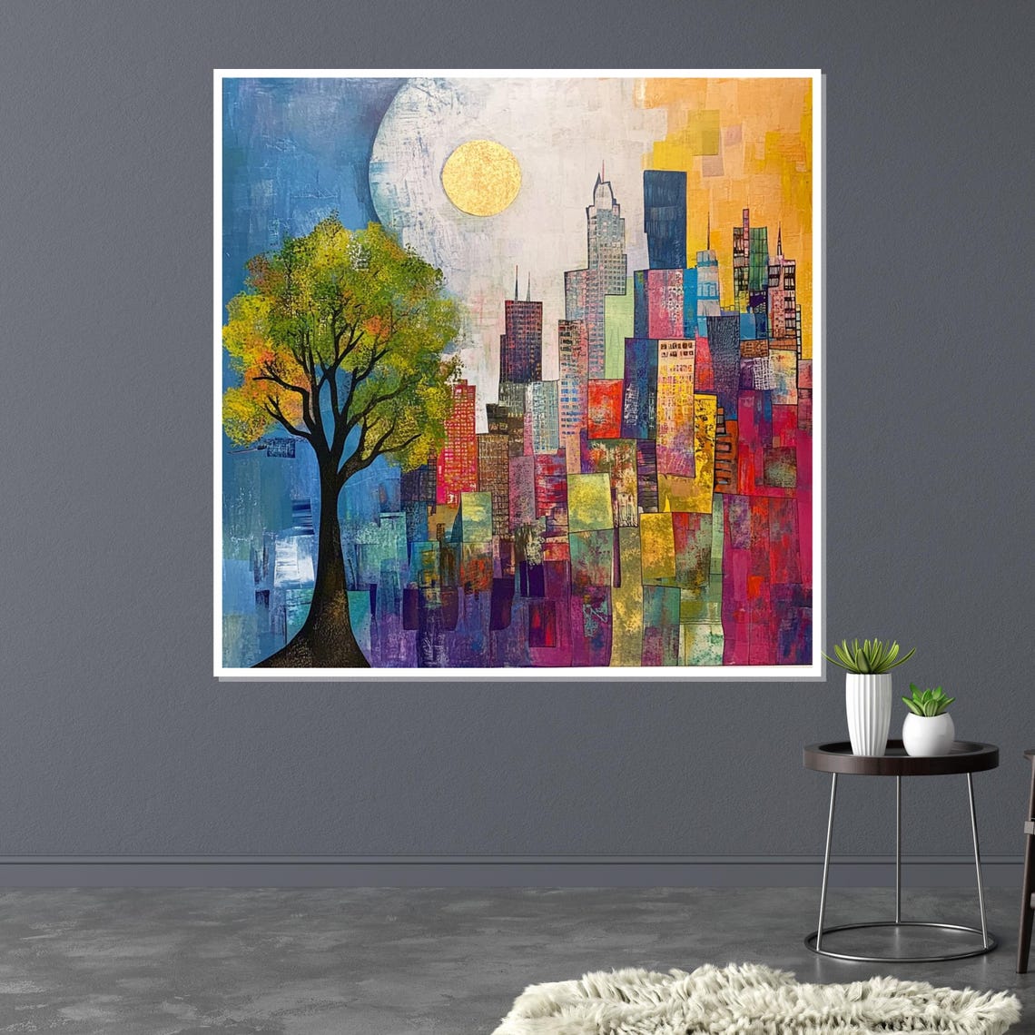 Colorful Abstract City Skyline with Tree and Golden Sun Poster - Image 3