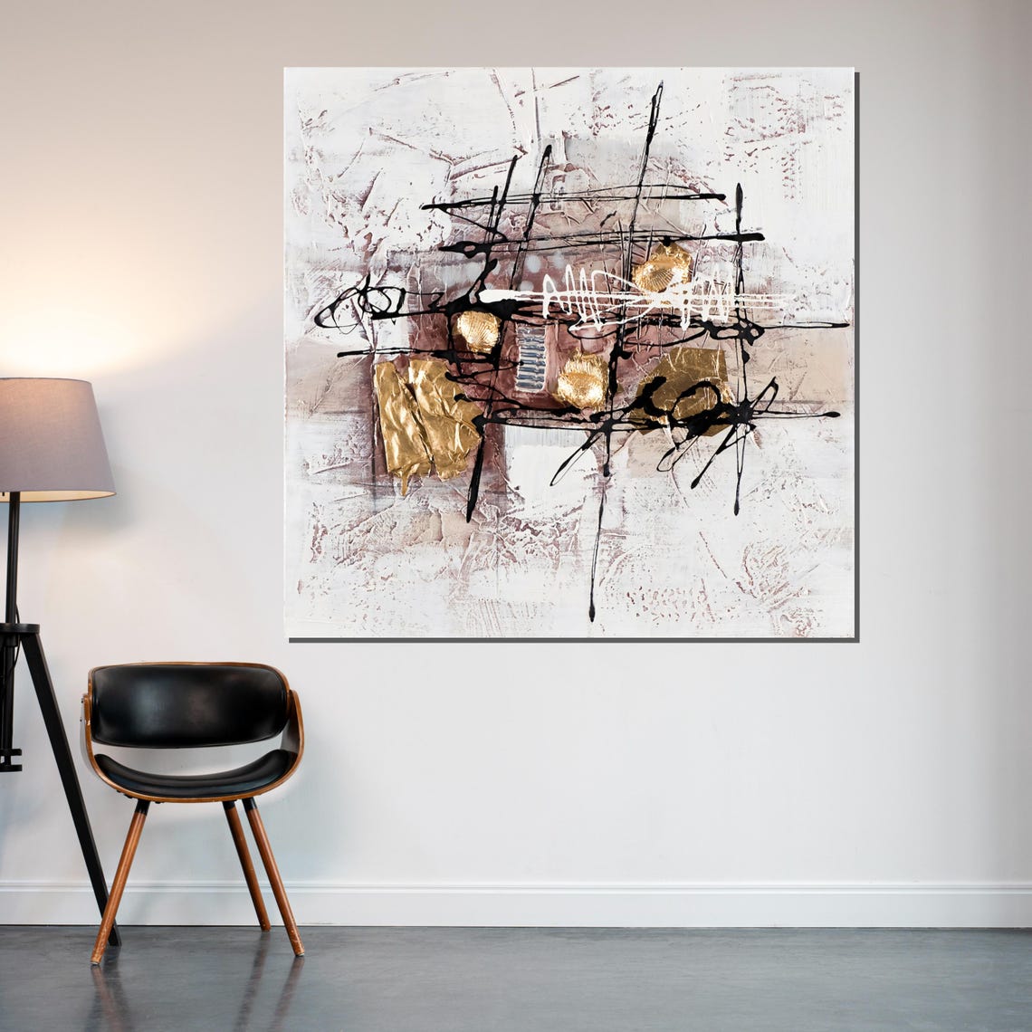 White Abstract Gold Leaf Accents Black Ink Scribble Art Poster - Image 2