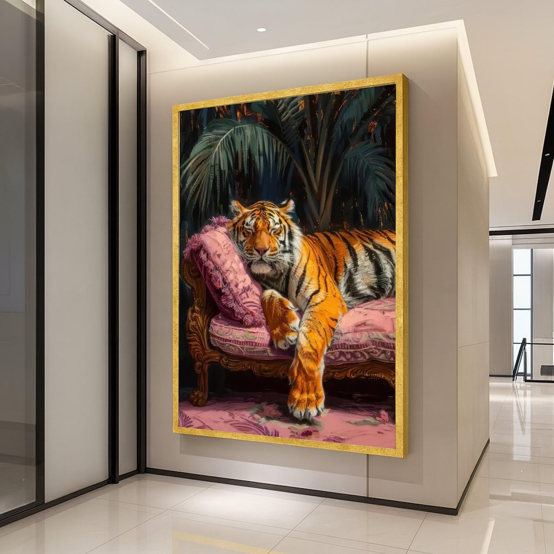 Majestic Tiger on Vintage Pink Sofa, Wildlife Art Print