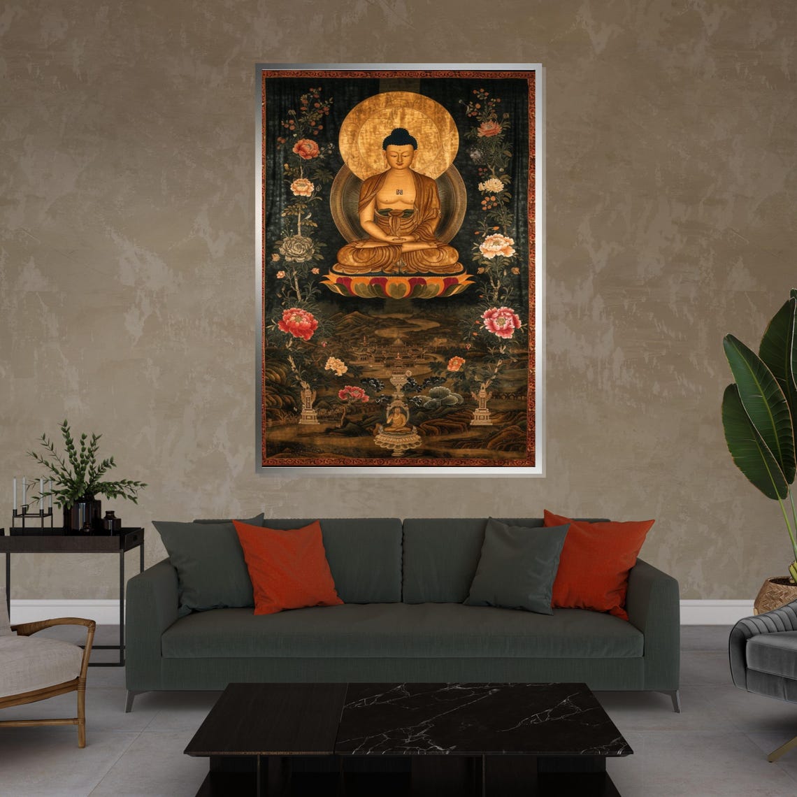 Golden Seated Buddha Lotus Blossom Dark Botanical Asian Poster - Image 4