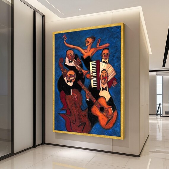 Expressive Jazz Band Blue Painting Singer Guitar Night Club Poster