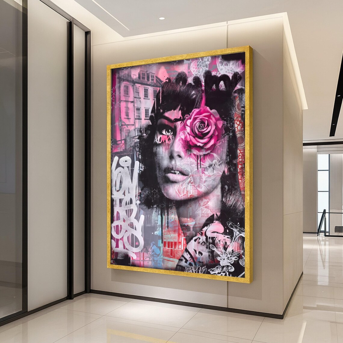 Urban Rose Woman Portrait Graffiti Street Art Pink Floral Poster