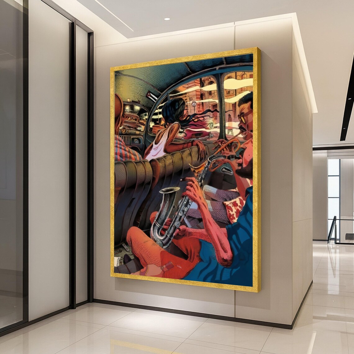 Jazz Saxophone Player Vintage Car City Night Pop Art Style Poster