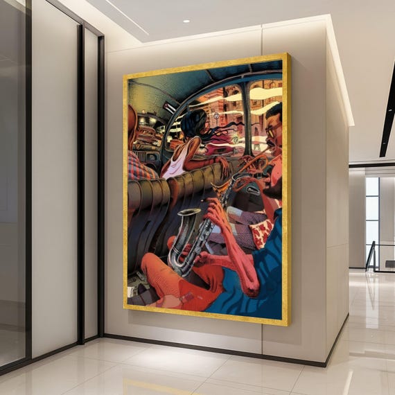 Vibrant Jazz Scene Inside Vintage Car Saxophone Music Canvas Urban Lifestyle Wall Art Colorful Artistic Home Decor Retro Ready To Hang