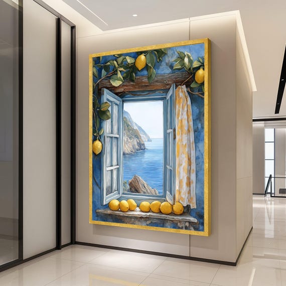 Coastal Window View Canvas Mediterranean Sea Landscape Lemon Branch Wall Art Rustic Blue Frame Summer Home Decor Ready To Hang