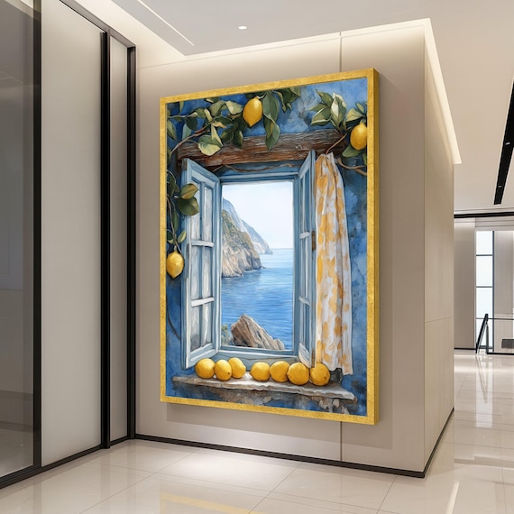 Mediterranean Coastal Window Sea View Lemon Branch Rustic Wall Art