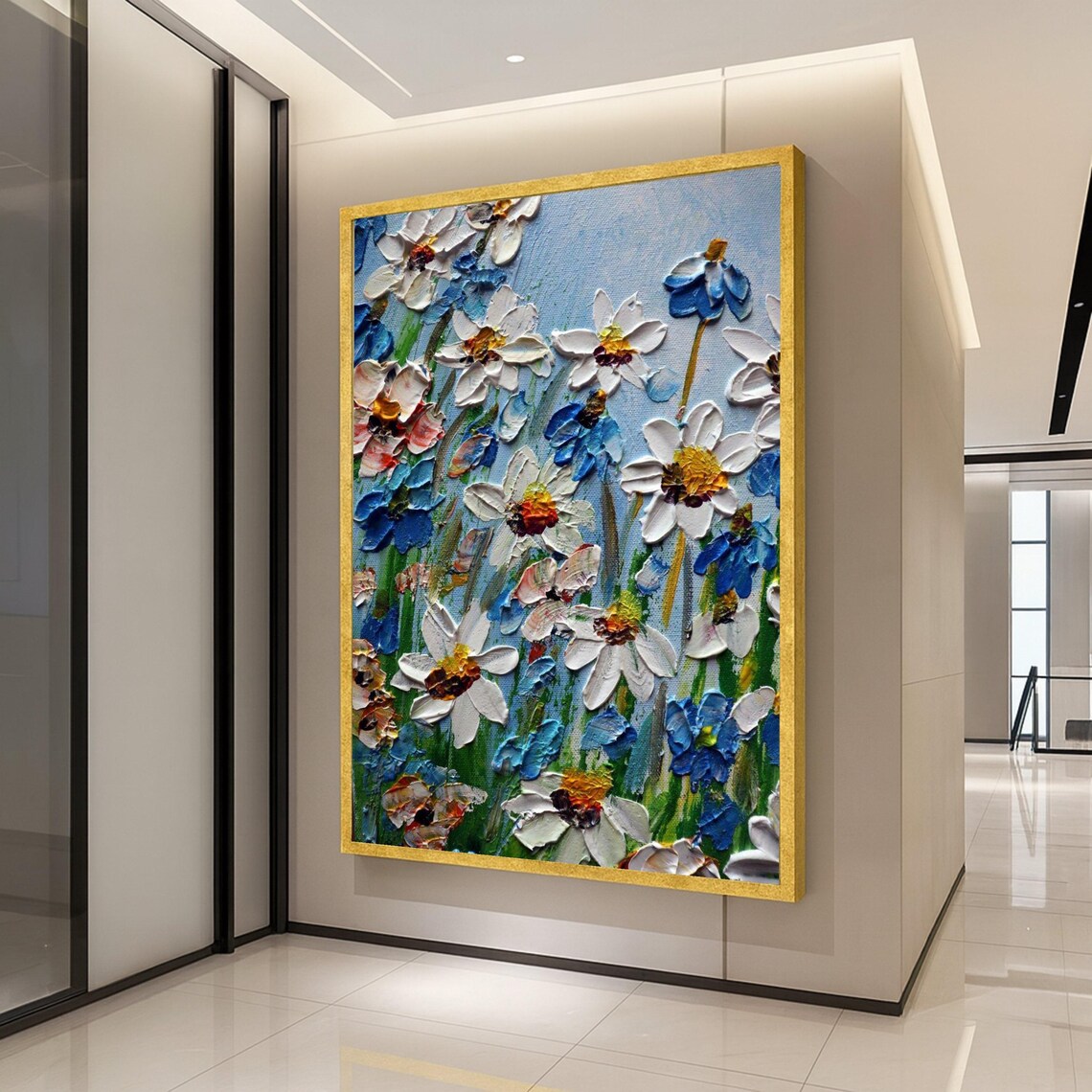 White Daisies Blue Wildflowers Impasto Floral Painting Wall Art Decor