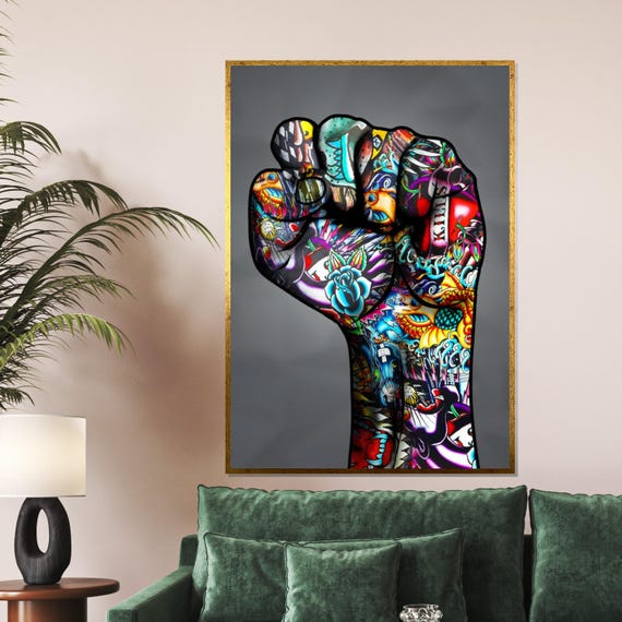 Vibrant Fist Tattoo Art Print Multicolor Wall Art Power Symbol Unique Design Ready To Hang Decoration