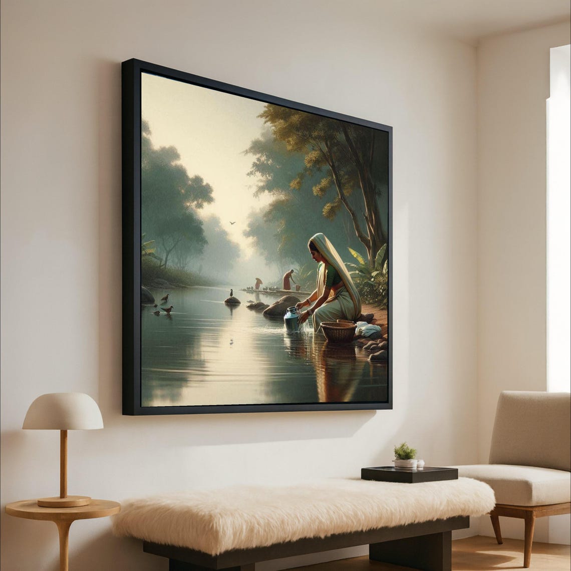 Traditional Indian Woman River Dawn Painting Rustic Wall Art Decor