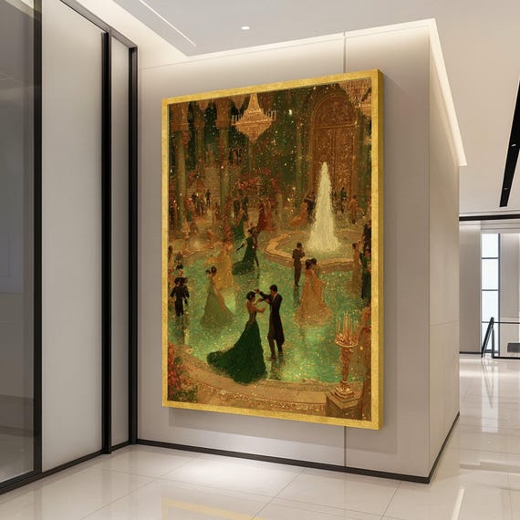 Elegant Ballroom Dance Scene Canvas Vintage Gala Celebration Art Luxurious Fountain And Grand Architecture Decorative Wall Ready To Hang