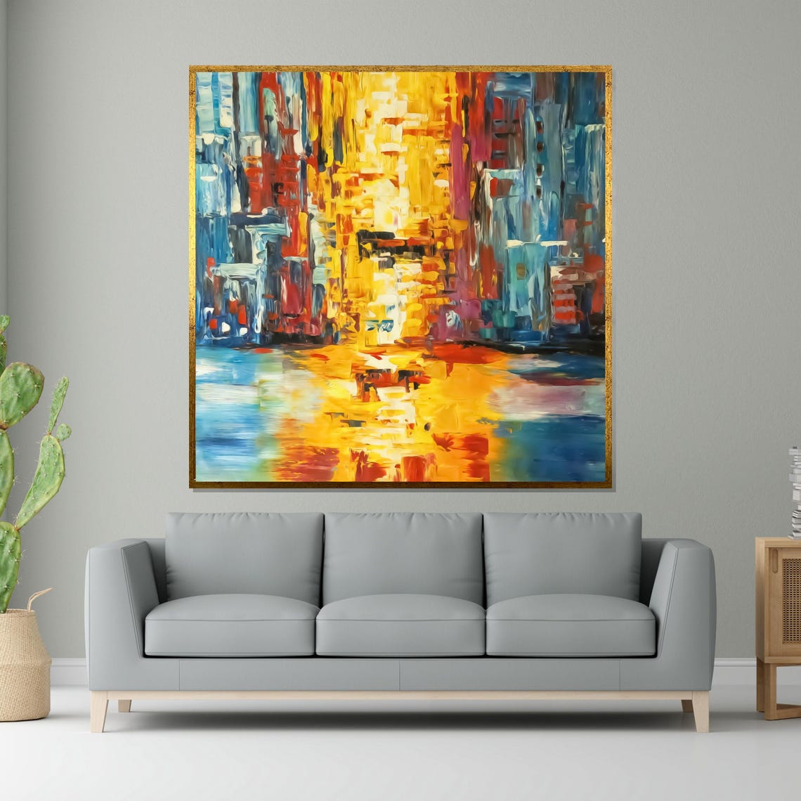 Vibrant Golden Cityscape Night Reflection Colorful Impasto Print