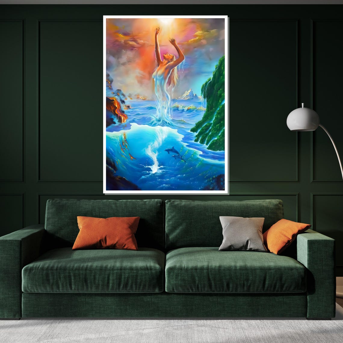 Water Goddess Rising From Ocean Waves Dolphins Fantasy Art Poster - Image 3