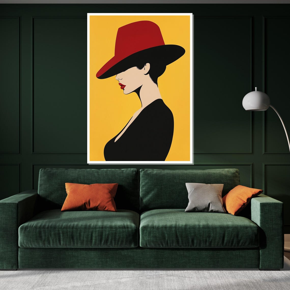 Minimalist Red Hat Lady Silhouette On Mustard Yellow Pop Art Poster - Image 2