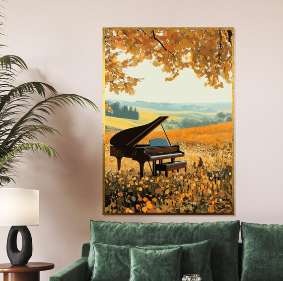 Grand Piano in a Golden Autumn Meadow Dreamy Landscape Art Poster