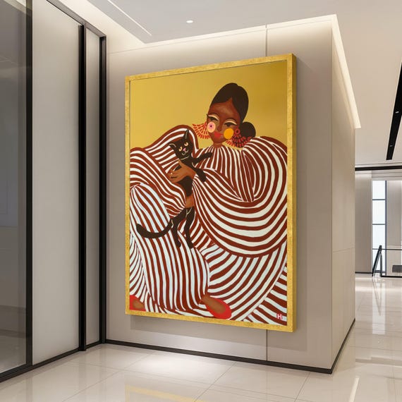 Modern Woman And Cat Art Print, Afrocentric Decor