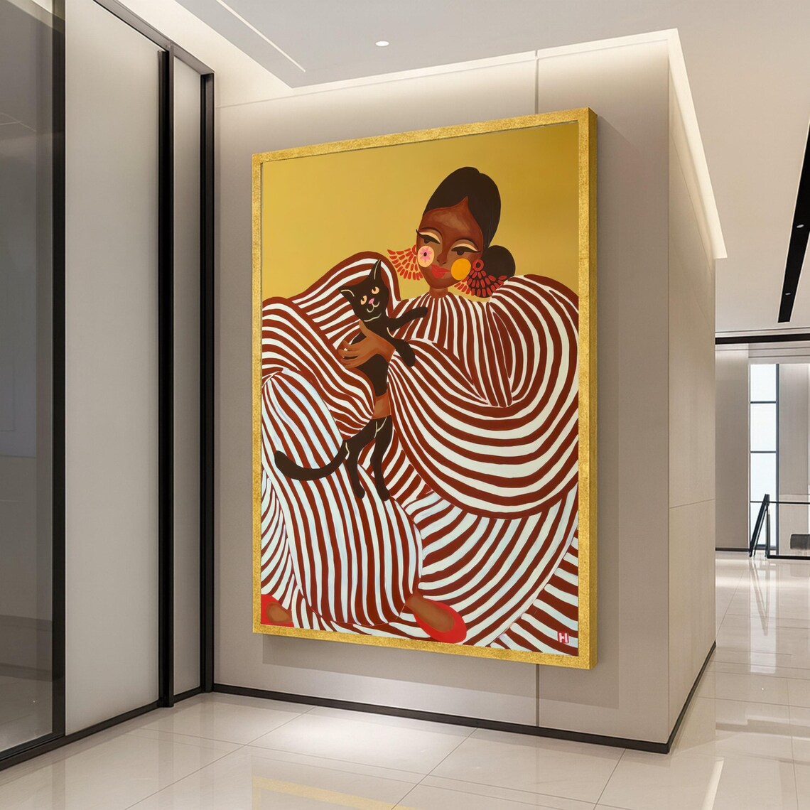 Modern Woman And Cat Art Print, Afrocentric Decor