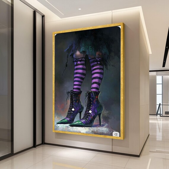 Witchy Purple Striped Socks And High Heel Boots Gothic Canvas Wall Art Halloween Decor Dark Fantasy Home Ready To Hang