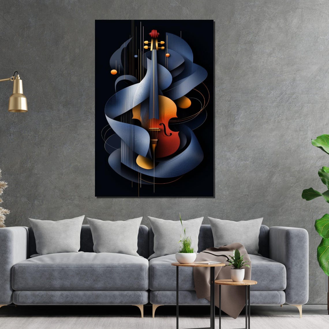 Stylized Violin Blue Geometric Ribbons Sleek Modern Art Poster - Image 2