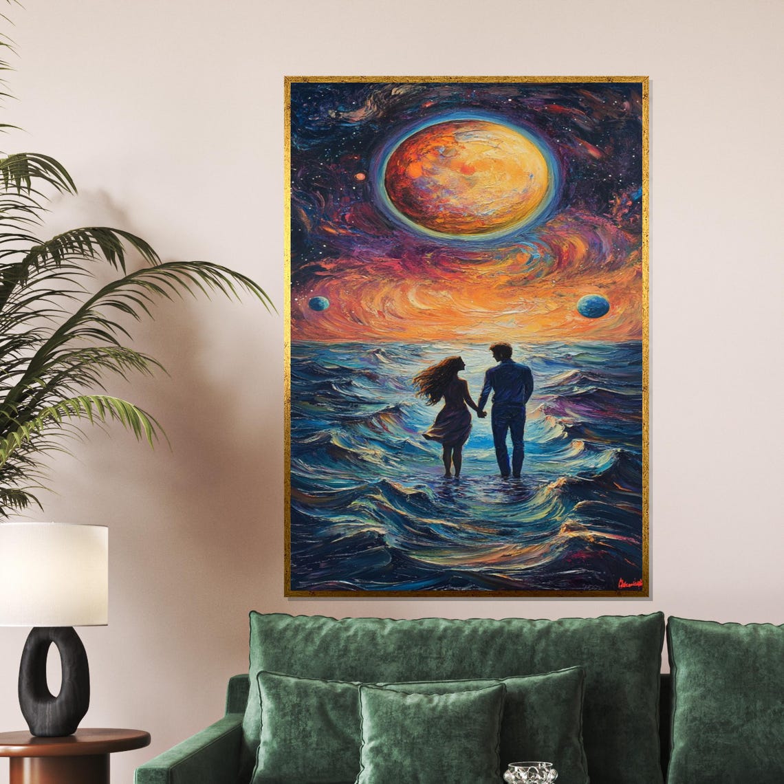 Lovers Walking Cosmic Ocean Giant Planet Surreal Romance Poster