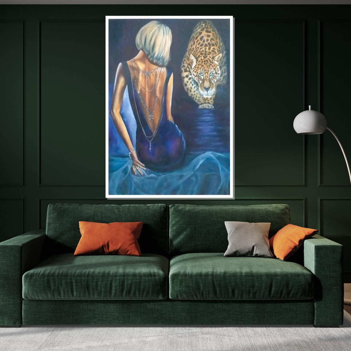 Blonde Woman in Blue Gown Walking With Leopard Wildlife Poster - Image 3