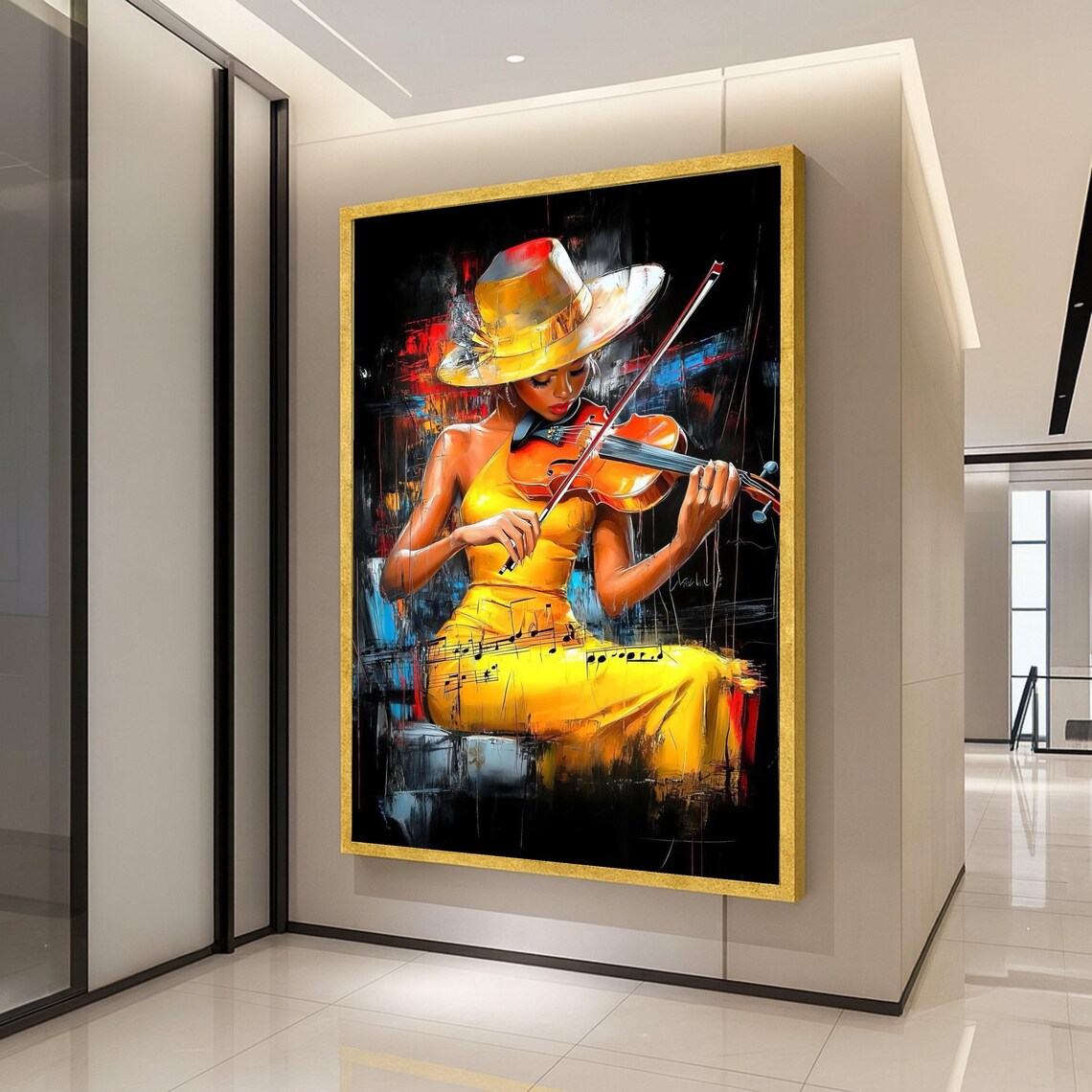 Elegant Violin Player In Yellow Dress Musical Abstract Painting Poster