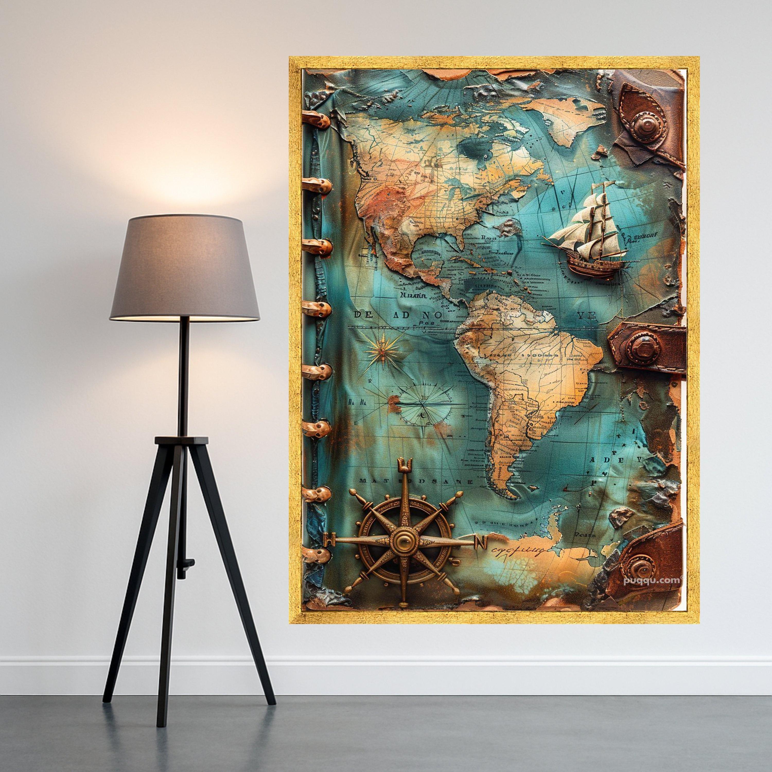 Vintage Nautical World Map Canvas Old Ship Compass Wall Art Antique Maritime Design Explorer Theme For Home Ready To Hang