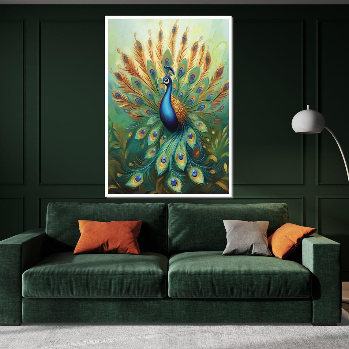 Peacock Full Fan Tail Teal Gold Painterly Exotic Bird Art Poster - Image 3